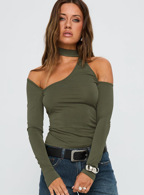 Radio Silent Scarf Tie Long Sleeve Top Dark Green