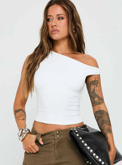 front view of model wearing Princess Polly Danza Top White Short Sleeves Asymmetric Neckline 