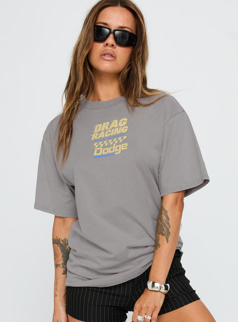front view of model wearing Princess Polly Dodge Racer Oversized Graphic Tee Grey Half Sleeves Crew Neck 