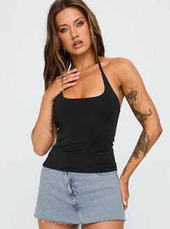 side view of model wearing Princess Polly Ezekiel Nylon Top Black Sleeveless Scoop Neck 