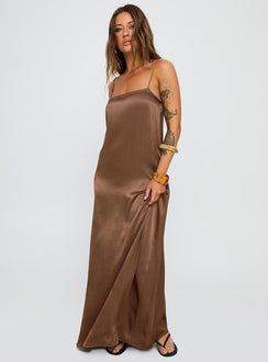 side view of model wearing Princess Polly Apple Cider Maxi Dress Brown Square Neck 