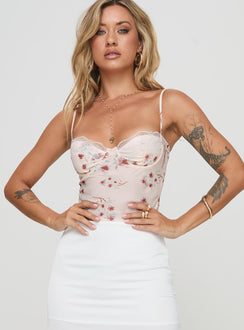 front view of model wearing Princess Polly Eowyn Top Multi Sleeveless Sweetheart 