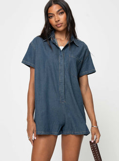 Dottey Denim Romper Dark Wash