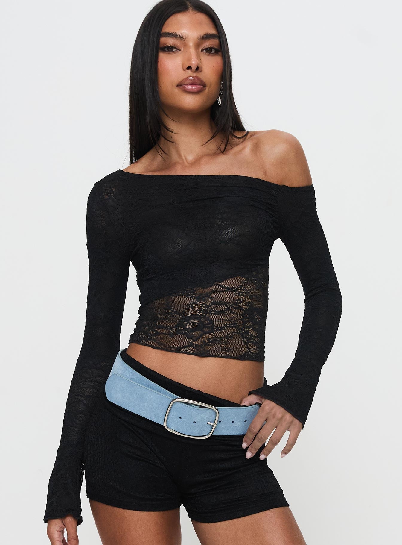 front view of model wearing Princess Polly Tiberius Lace Asymmetrical Long Sleeve Top Black Full Sleeves Asymmetric Neckline 