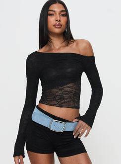 front view of model wearing Princess Polly Tiberius Lace Asymmetrical Long Sleeve Top Black Full Sleeves Asymmetric Neckline 