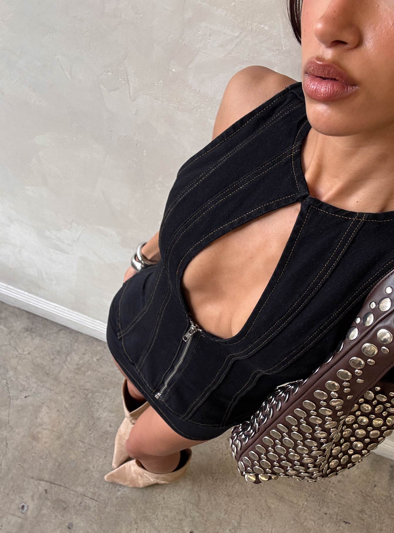 Capree Zip Up Top Raw Denim