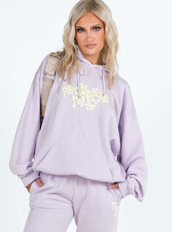 front view of model wearing Princess Polly Princess Polly Hooded Sweatshirt Squiggle Text Dusty Mauve / Eggshell regular 