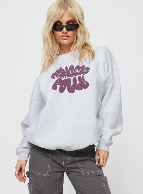 Princess Polly Crew Neck Sweatshirt Bubble Text Grey Marle / Burgundy Princess Polly  regular 
