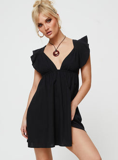 Plunge neck mini dress Cap sleeve, elasticated waistband, ruched skirt, tie fastening at back of neck Non-stretch material, unlined 