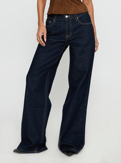 back view of model wearing Princess Polly Favourite Reference Mid Rise Straight Leg Jeans Dark Indigo Mid Rise Jeans Jeans 