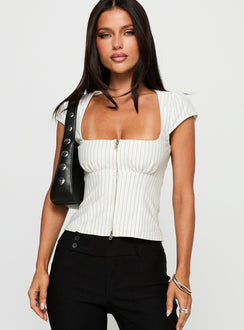 front view of model wearing Princess Polly Santa Cruz Zip Through Top White Pinstripe Short Sleeves Square Neck 
