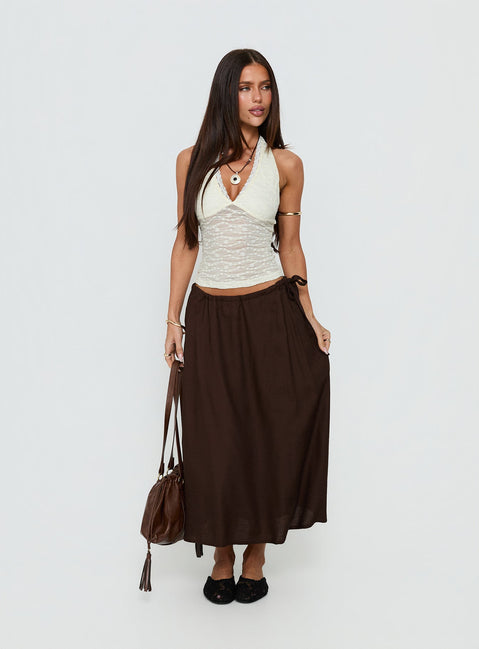   front view of model wearing Princess Polly Persuasion Tie Side Midi Skirt Chocolate Midi Skirts Skirts 