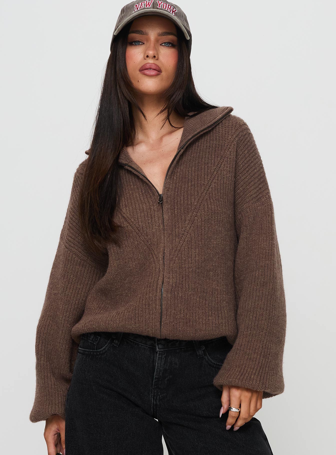 Hertford Zip Through Knit Sweater Brown | Princess Polly