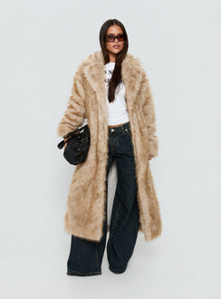 End Of Beginning Faux Fur Longline Jacket Beige