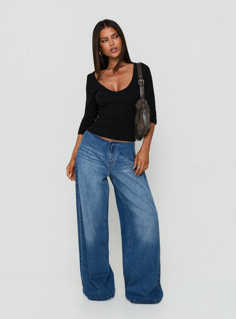Baseline Rib V Neck 3/4 Sleeve Top Black