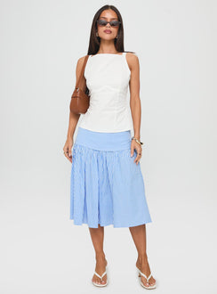   front view of model wearing Princess Polly Raelan Tiered Midi Skirt Blue Stripe Midi Skirts 