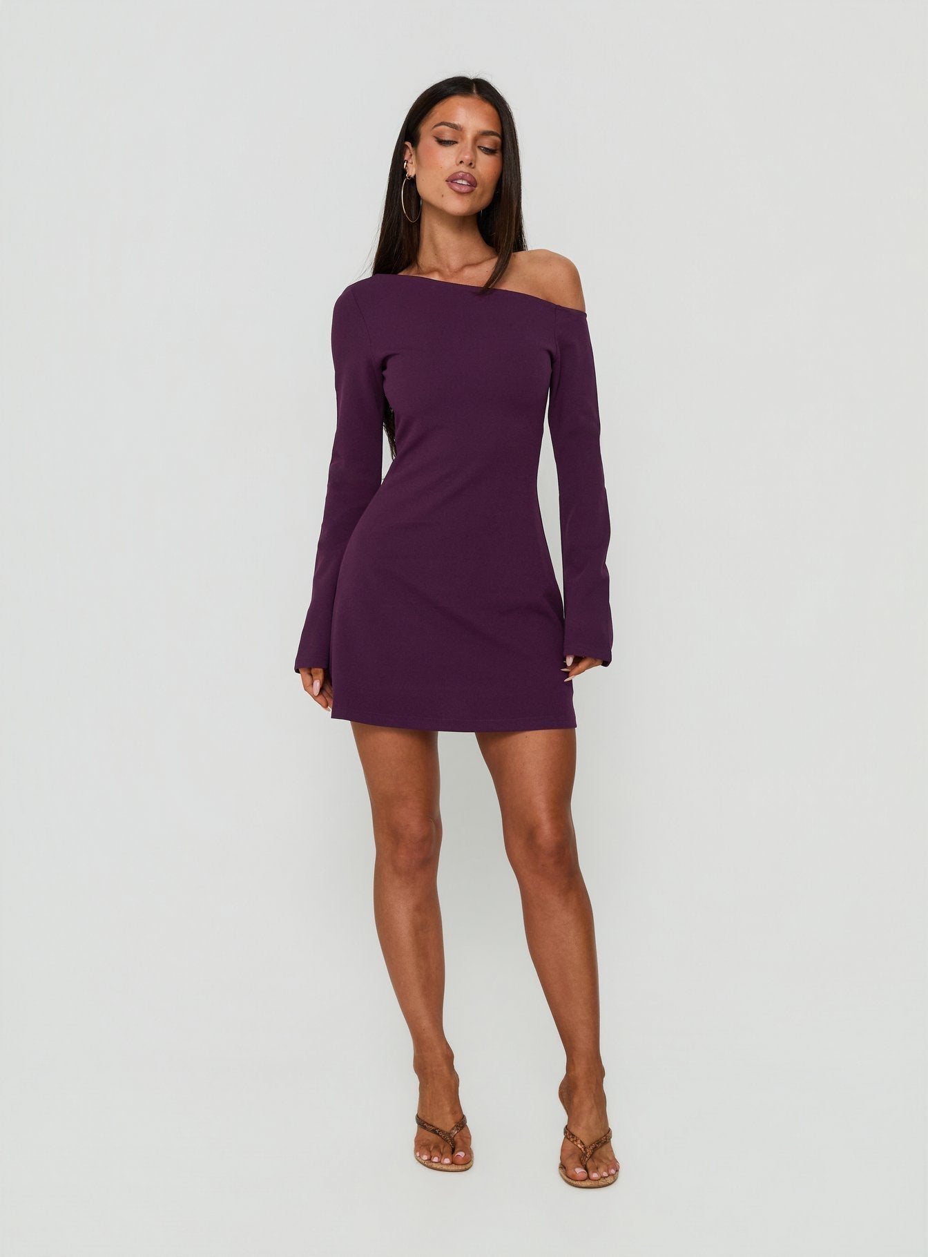 Adrietta Long Sleeve Off Shoulder Mini Dress Plum Noir