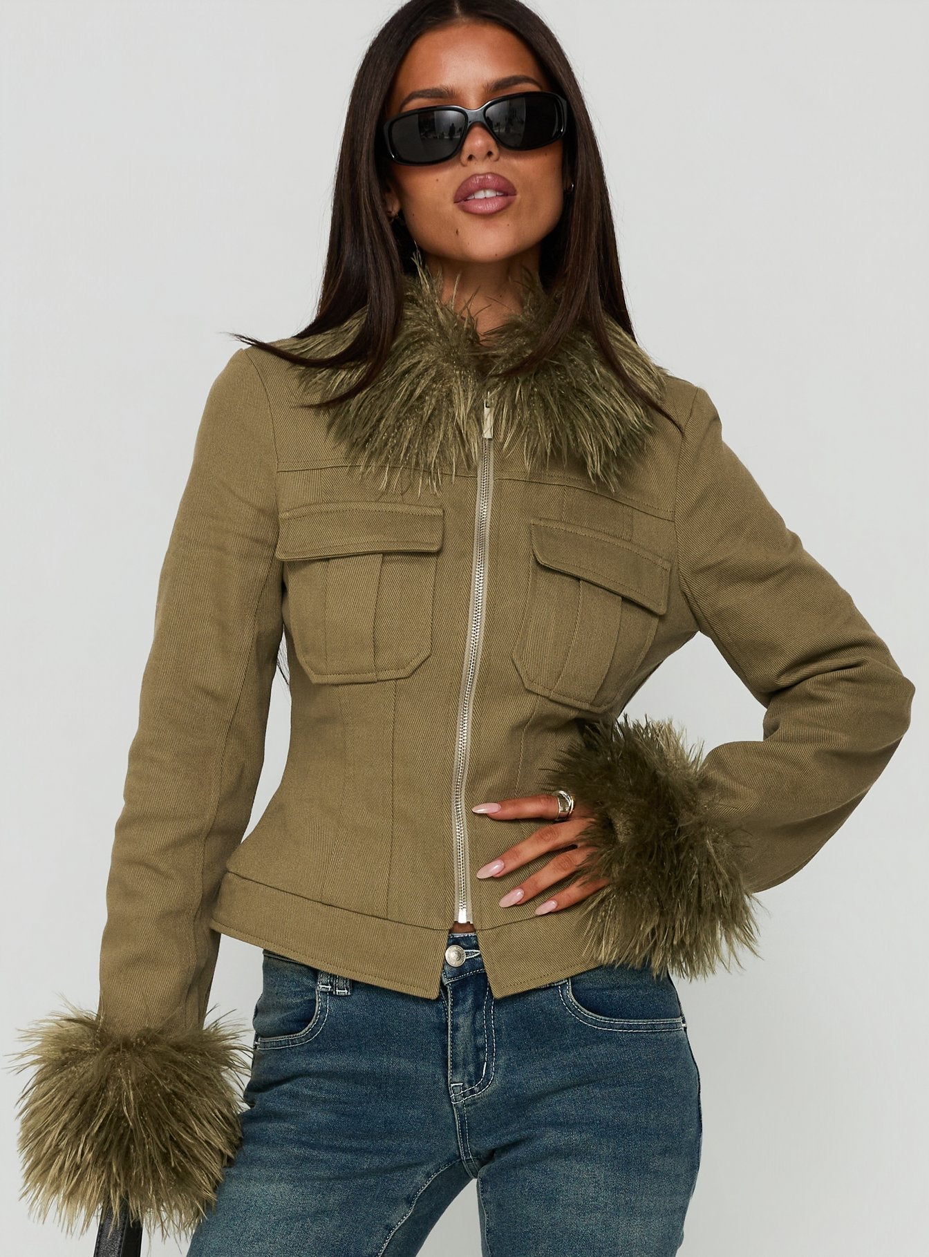 Nindie Faux Fur Contrast Jacket Green