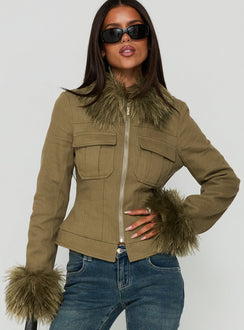 Nindie Faux Fur Contrast Jacket Green