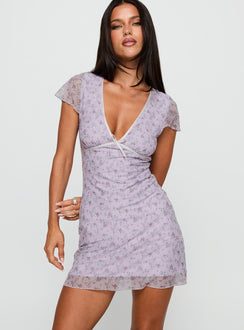front view of model wearing Princess Polly Bopeep Mini Dress Lilac Plunger 