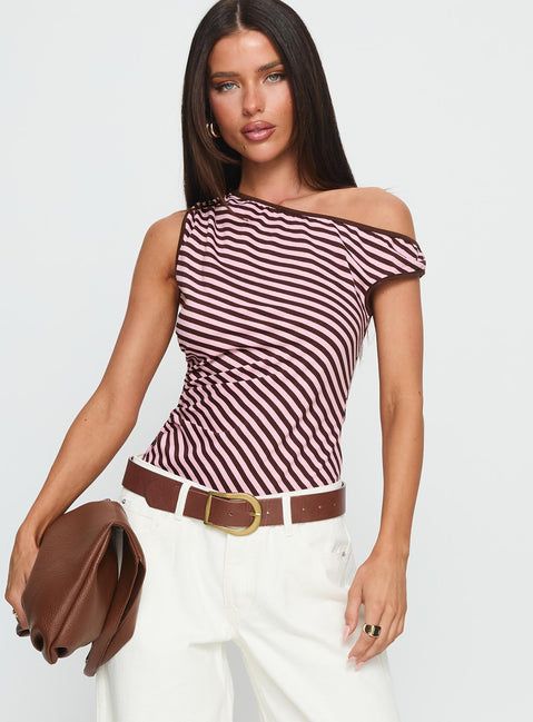 front view of model wearing Princess Polly Ayviana One Shoulder Bodysuit Pink / Brown Stripe Sleeveless 