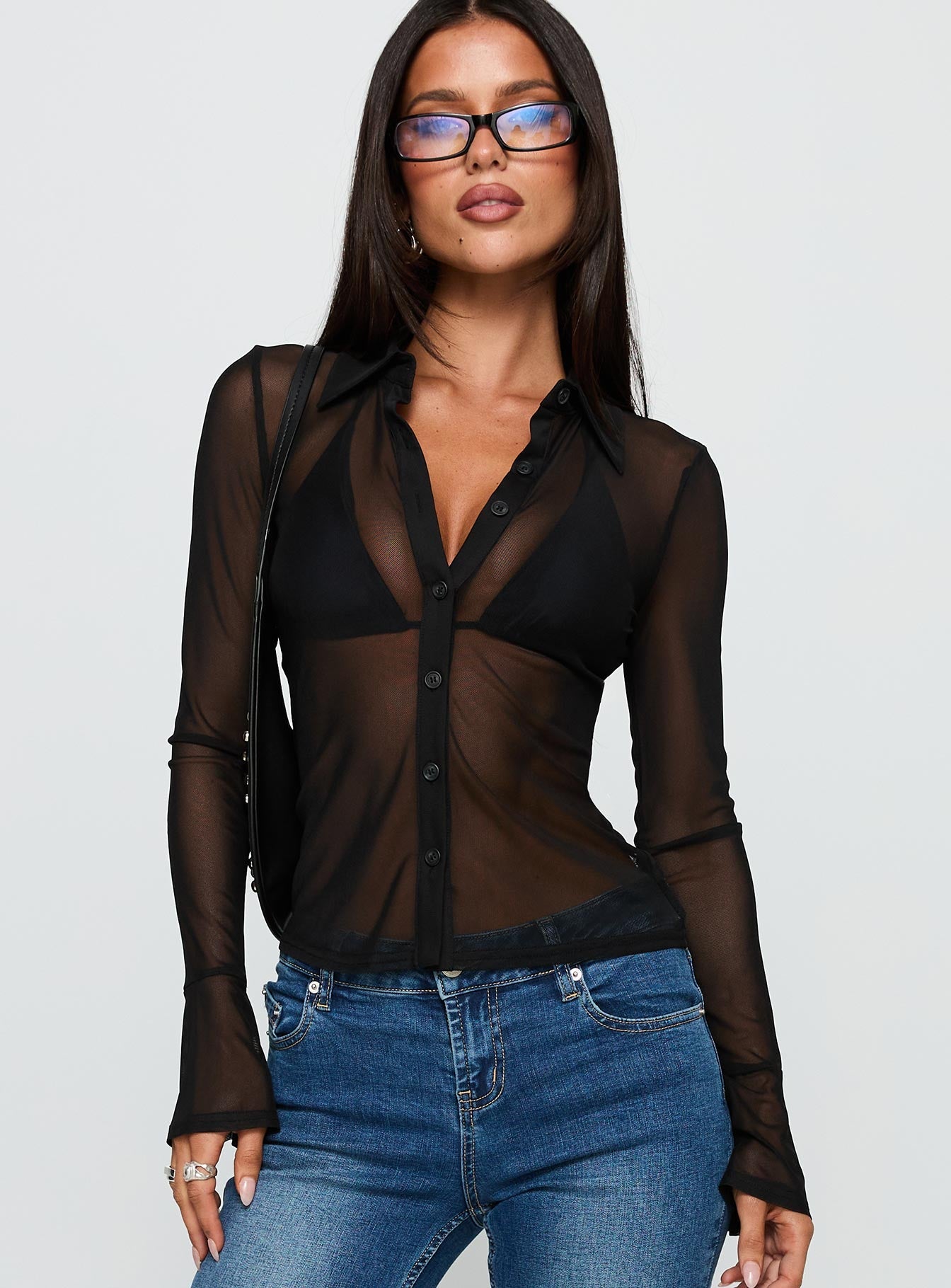 front view of model wearing Princess Polly Two Of Us Sheer Long Sleeve Top Black Full Sleeves V-Neck 