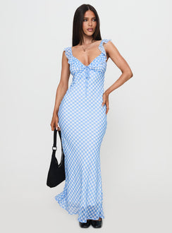 front view of model wearing Princess Polly Brigette Maxi Dress Blue Gingham Plunger 