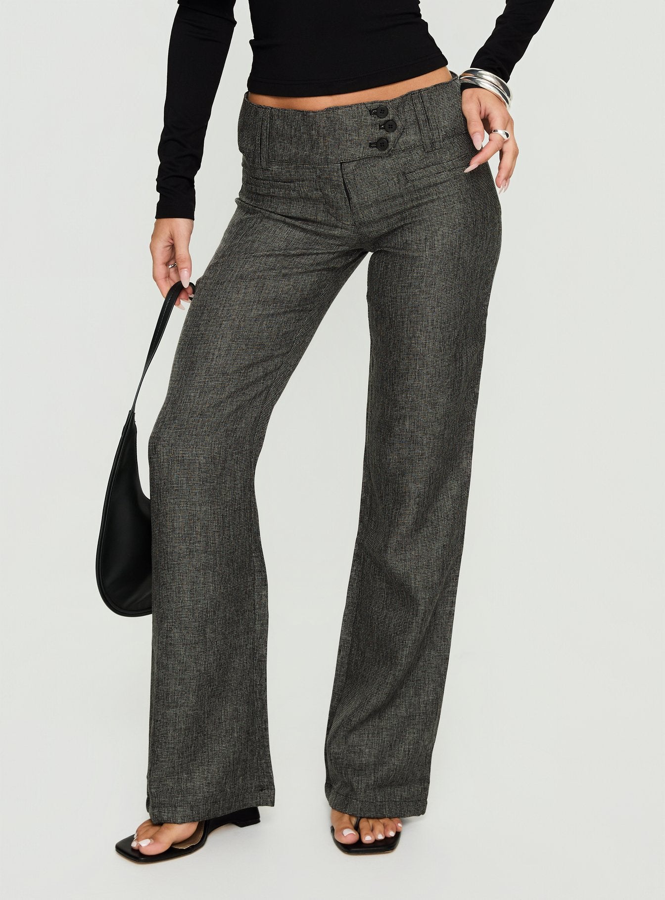 back view of model wearing Princess Polly Karola Asymmetrical Buckle Pants Grey Mid Rise Pants 