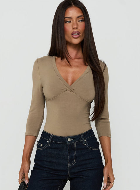 Adenn 3/4 Sleeve V Neck Bodysuit Taupe