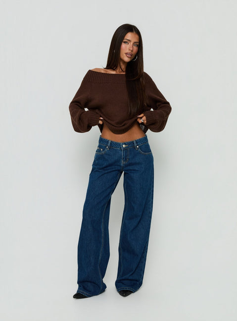 Always Be There Off Shoulder Knit Jumper Brown