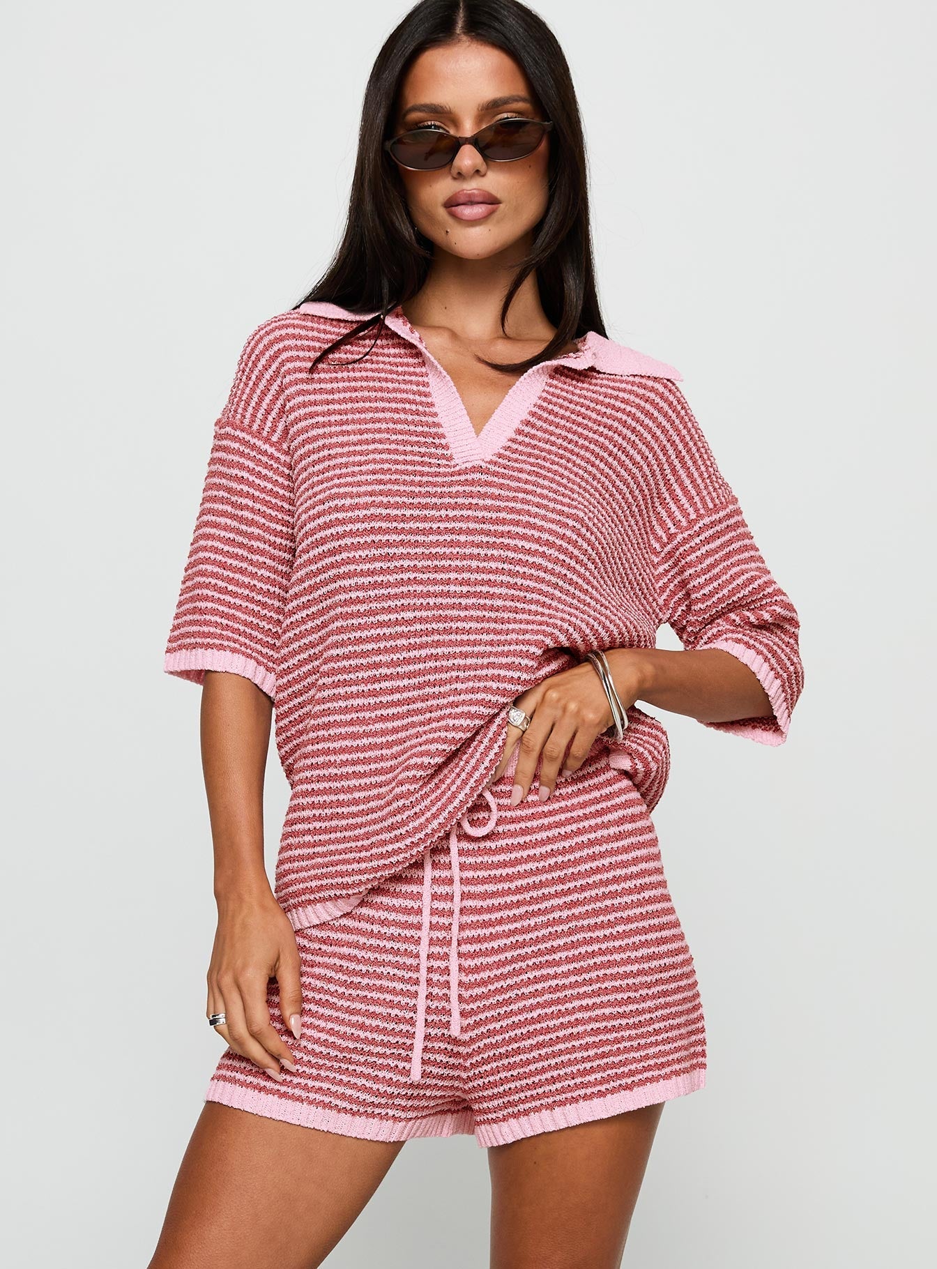 front view of model wearing Princess Polly Pacifique Crochet Shorts Pink Multi High Waisted Shorts 