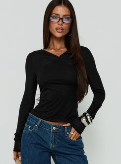 Deila Layered V Neck Long Sleeve Top Black