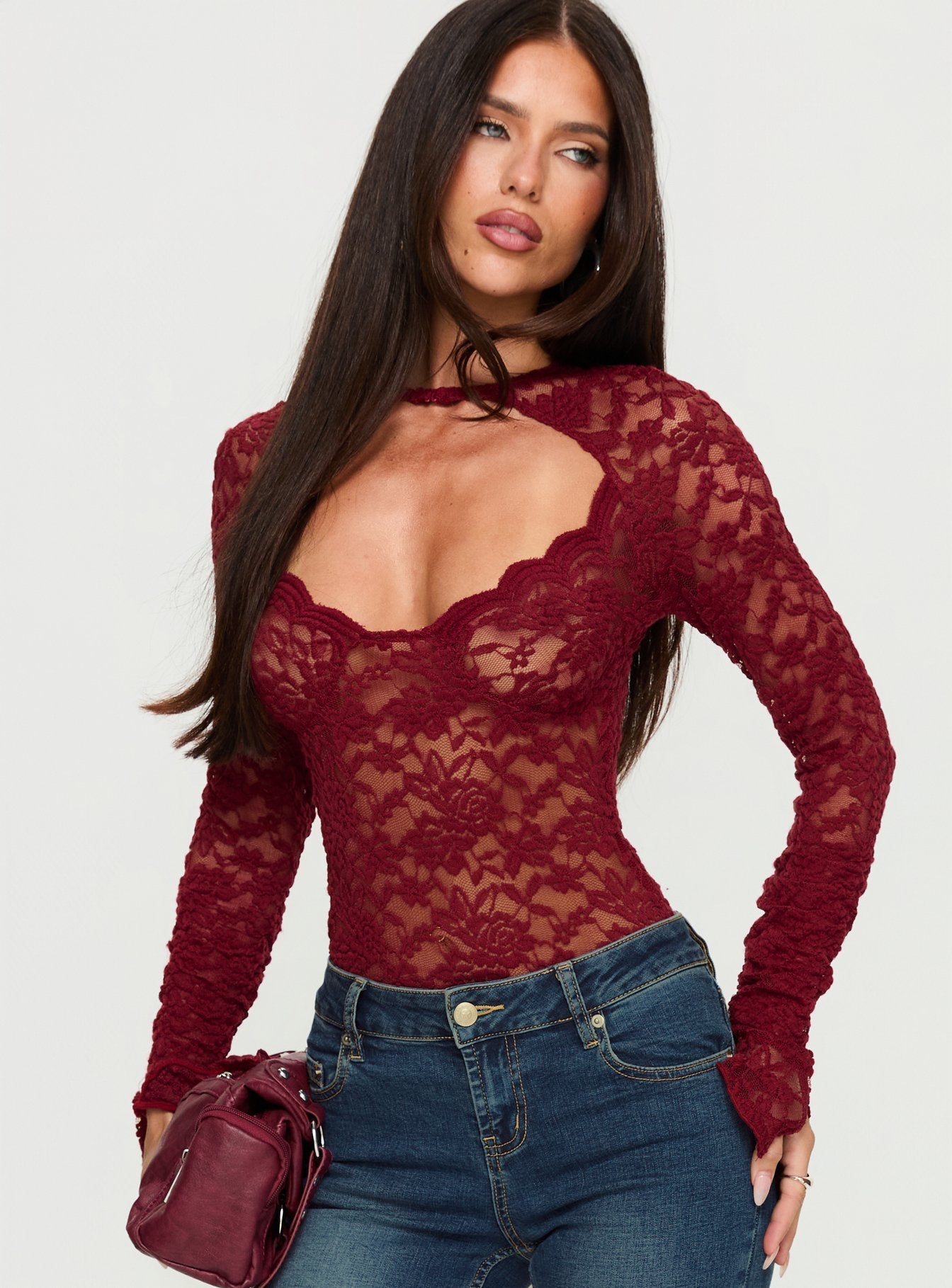 front view of model wearing Princess Polly Giallo Long Sleeve Bodysuit Burgundy Long Sleeve Tops 