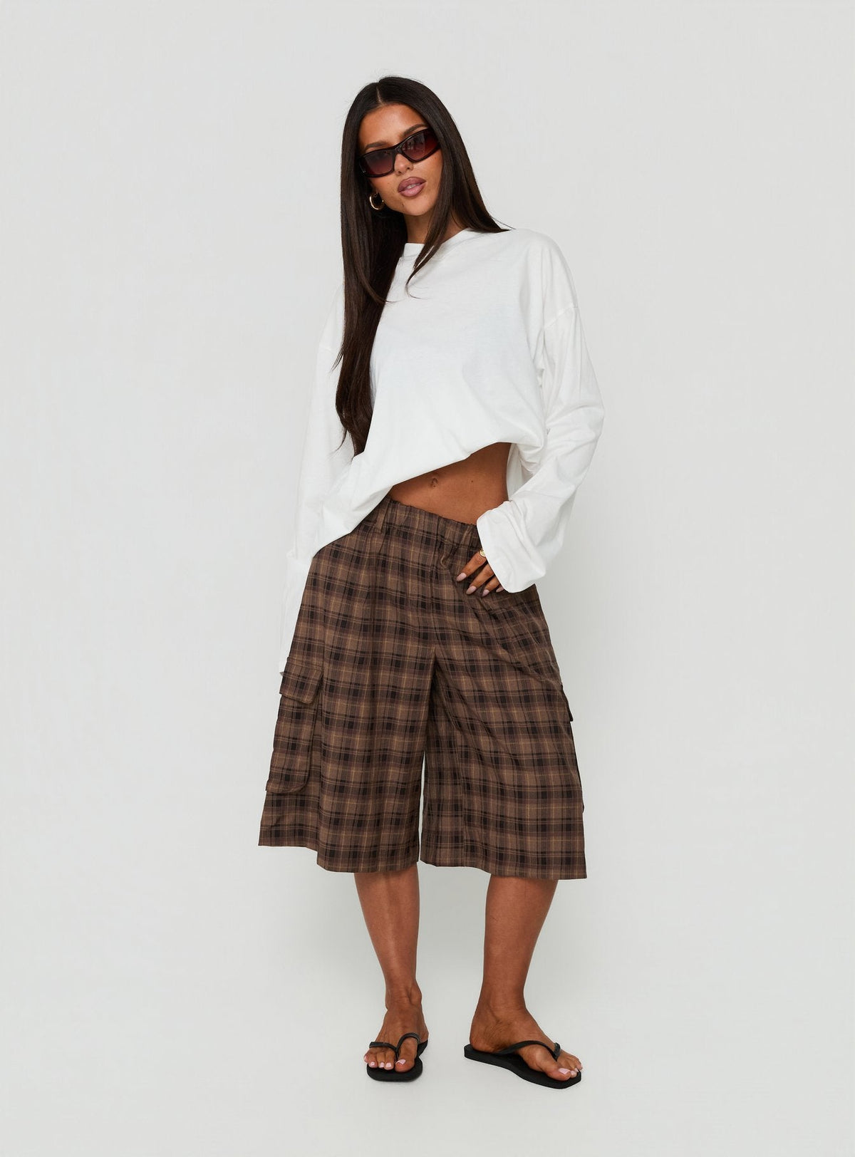 Brenn Baggy Longline Shorts Brown Plaid