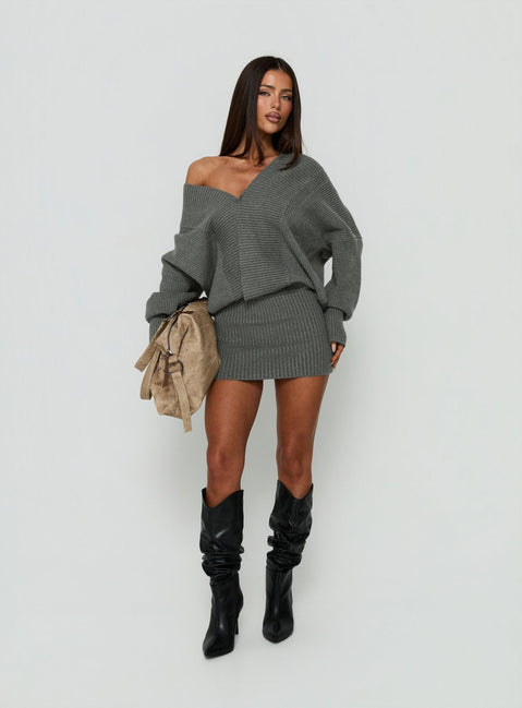 Jolanda Long Sleeve Plunge Knit Mini Dress Charcoal