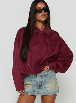 Enlightened Faux Suede Bomber Jacket Burgundy