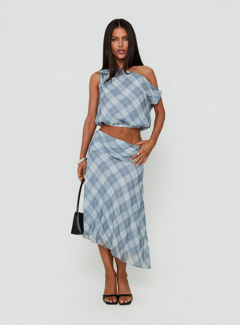 Elevate your wardrobe with the Sabbine Asymmetrical Midi Skirt Blue Check womens-skirts featuring midi length Princess Polly
