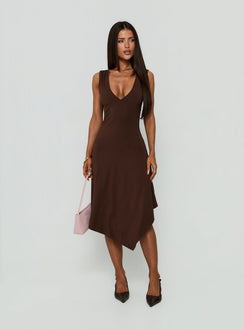 Louisia V Neck Hanky Hem Midi Dress Brown