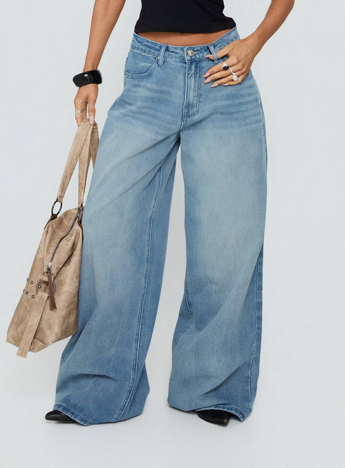 Crafted from Naylor Mid Rise Wide Leg Jeans Light Wash Denim Light Blue Wash Petite in womens-jeans with mid-rise product