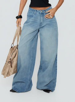 Crafted from Naylor Mid Rise Wide Leg Jeans Light Wash Denim Light Blue Wash Petite in womens-jeans with mid-rise product
