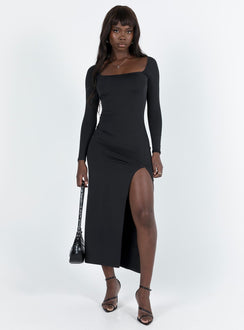 front view of model wearing Princess Polly Hayward Long Sleeve Midi Dress Black Square Neck 
