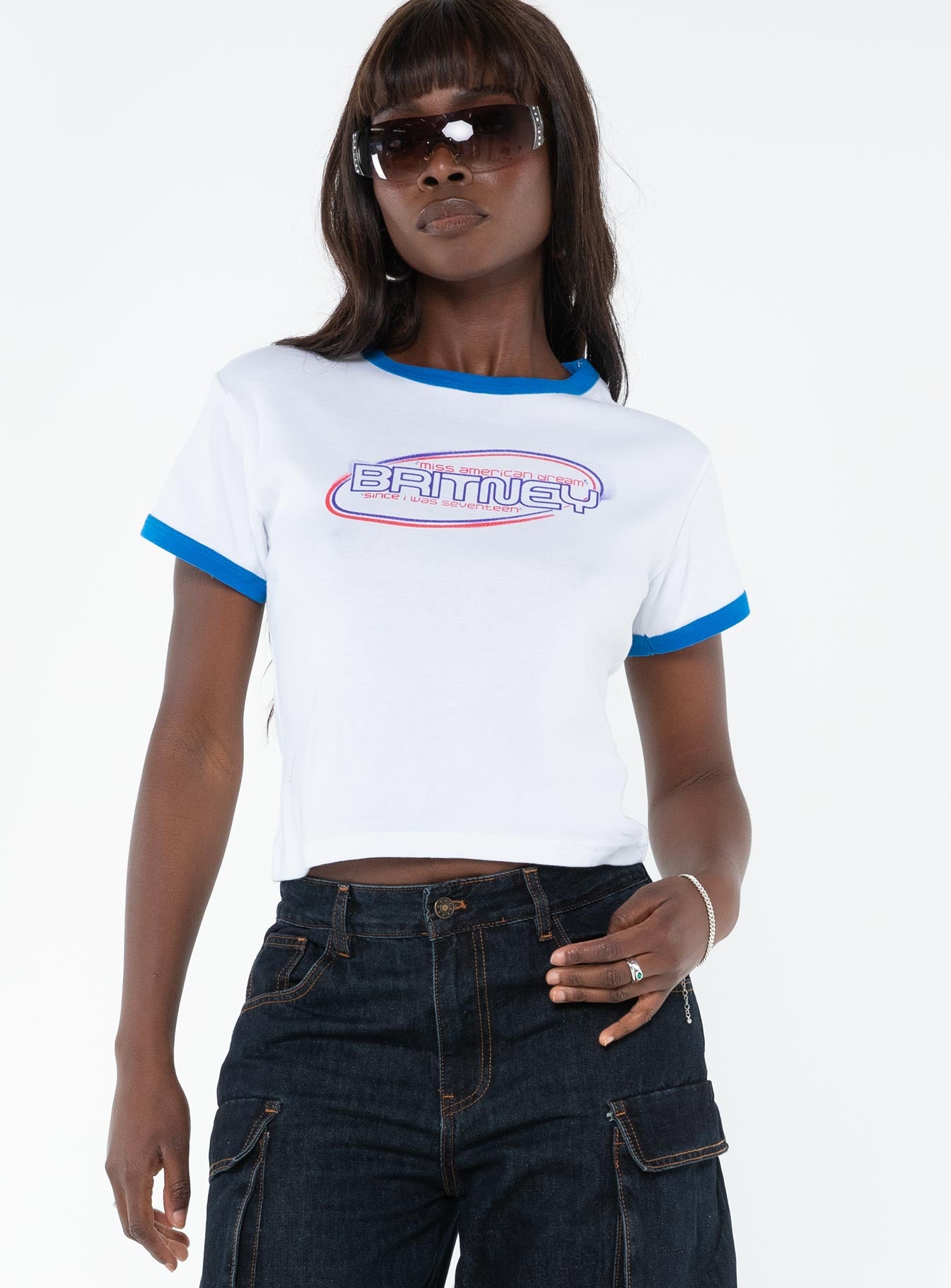 Graphic print baby tee, ringer style Good stretch, unlined