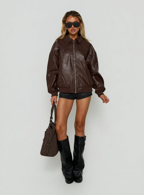 Goldsmith Faux Leather Bomber Jacket Brown