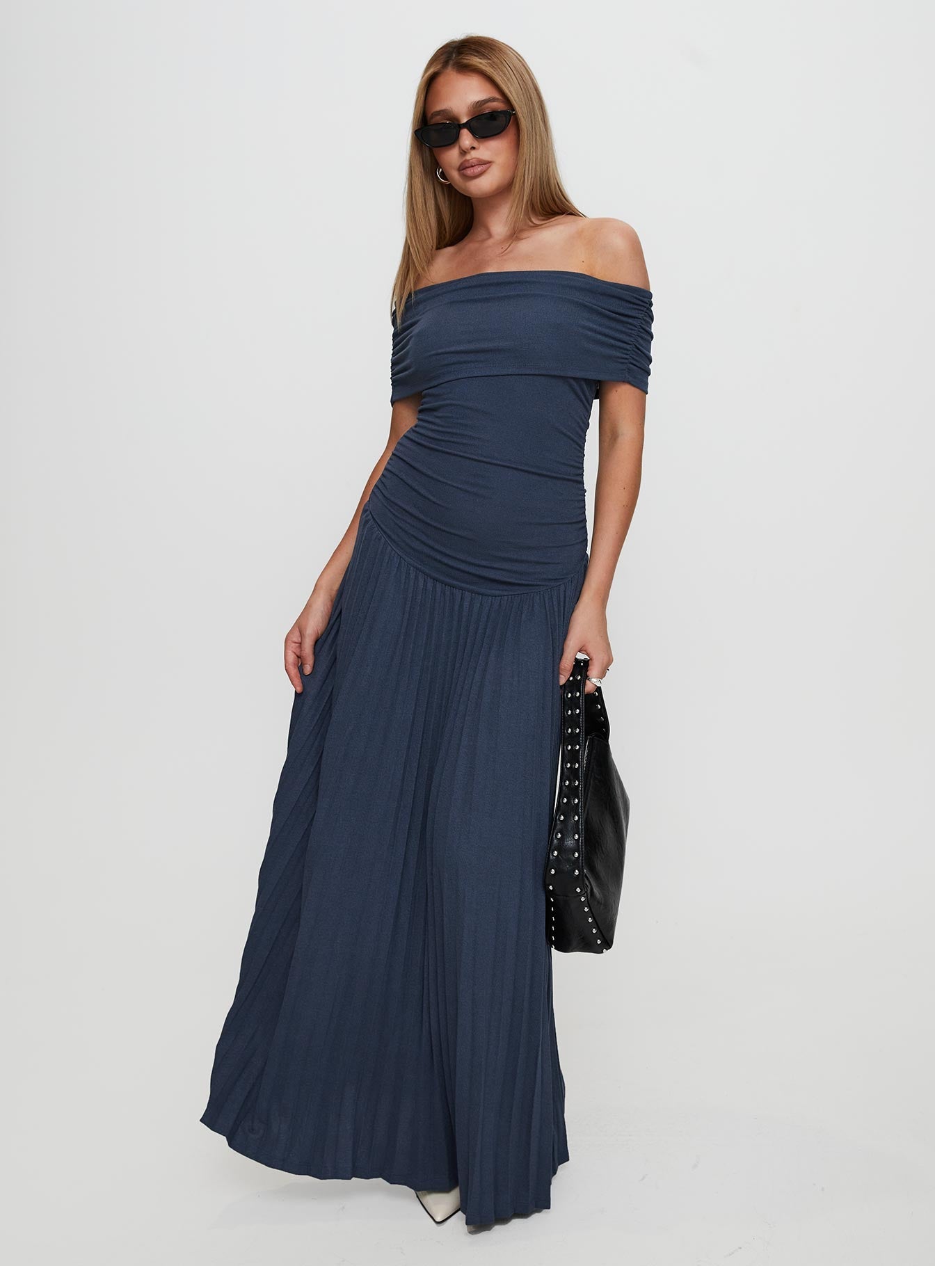 side view of model wearing Princess Polly Field Of Dreams Maxi Dress Navy Straight Neck 