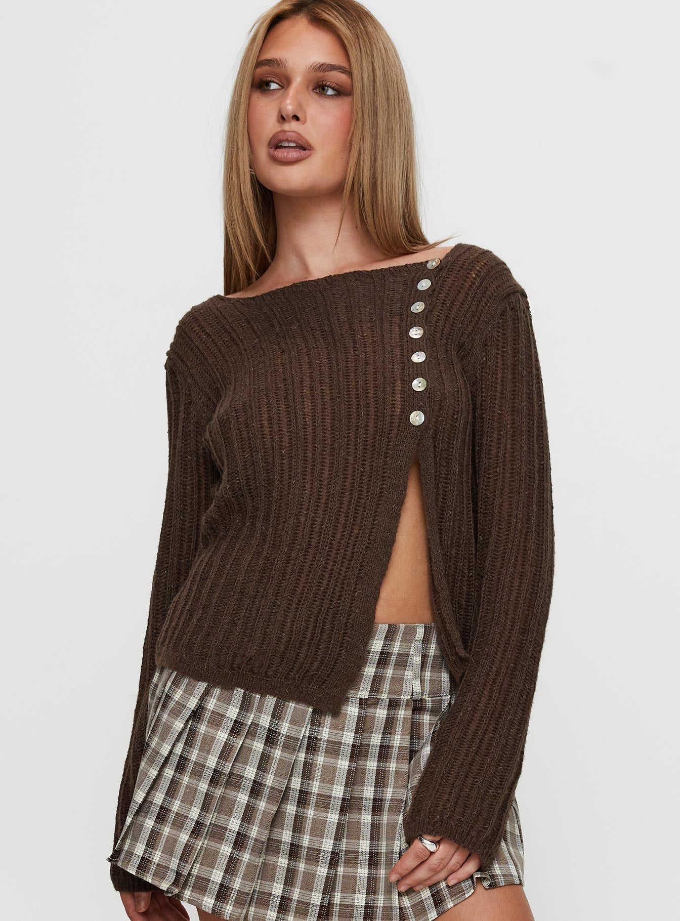 back view of model wearing Princess Polly Lenker Knit Sweater Brown Long 