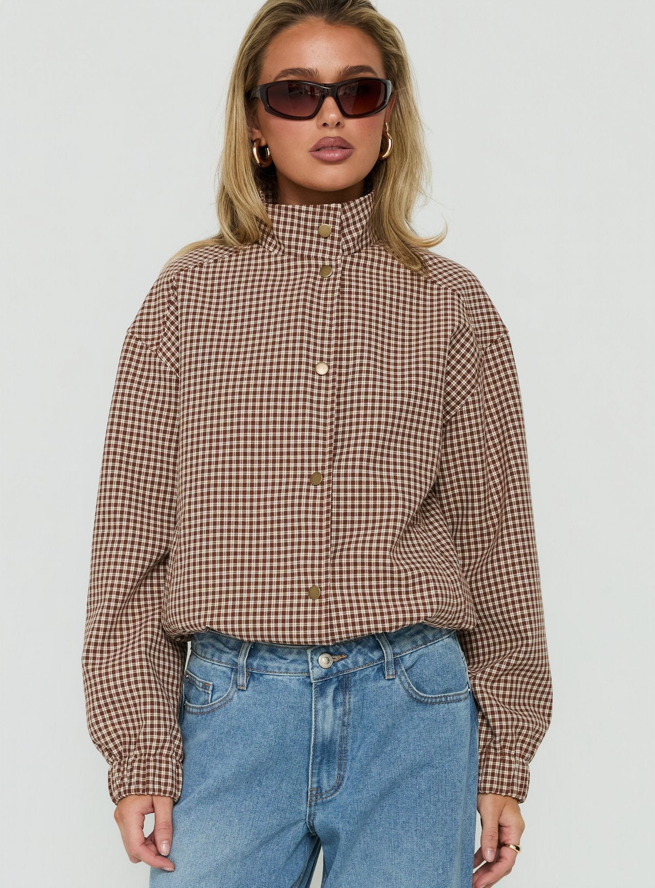 Khodana Funnel Neck Button Down Jacket Micro Brown Check