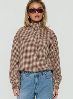 Khodana Funnel Neck Button Down Jacket Micro Brown Check