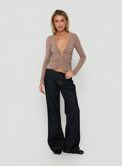 Tamsen Ruched Long Sleeve Button Up Top Taupe