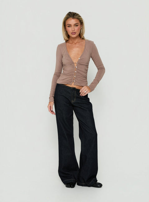 Tamsen Ruched Long Sleeve Button Up Top Taupe
