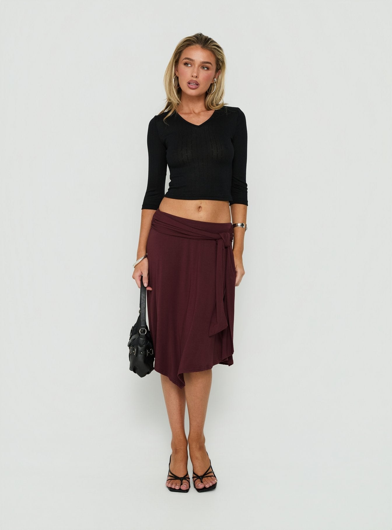 Soft Focus Tie Waist Midi Skirt Plum Noir